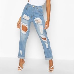 High Waist Light Wash Distress Mom Jeans